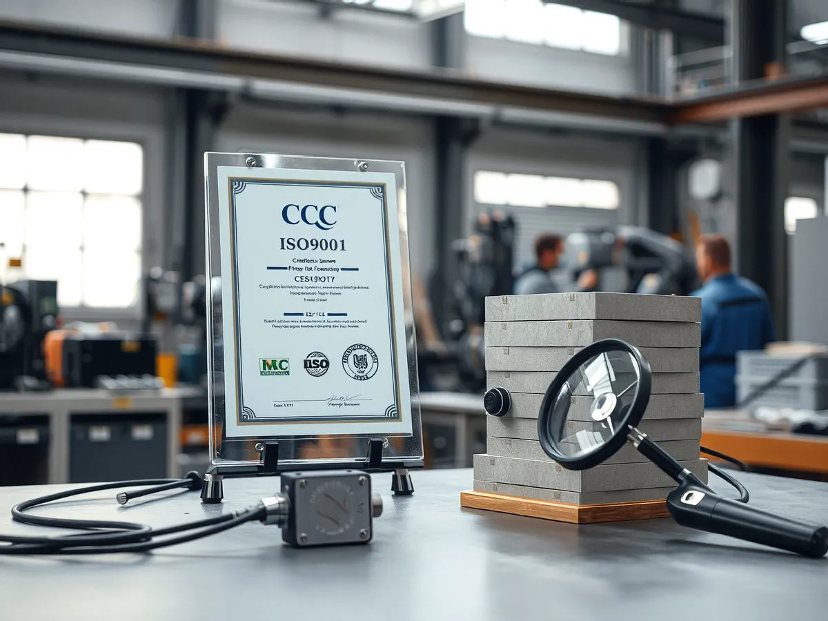 ISO9001认证证书与光电传感器产品在质检台上的场景