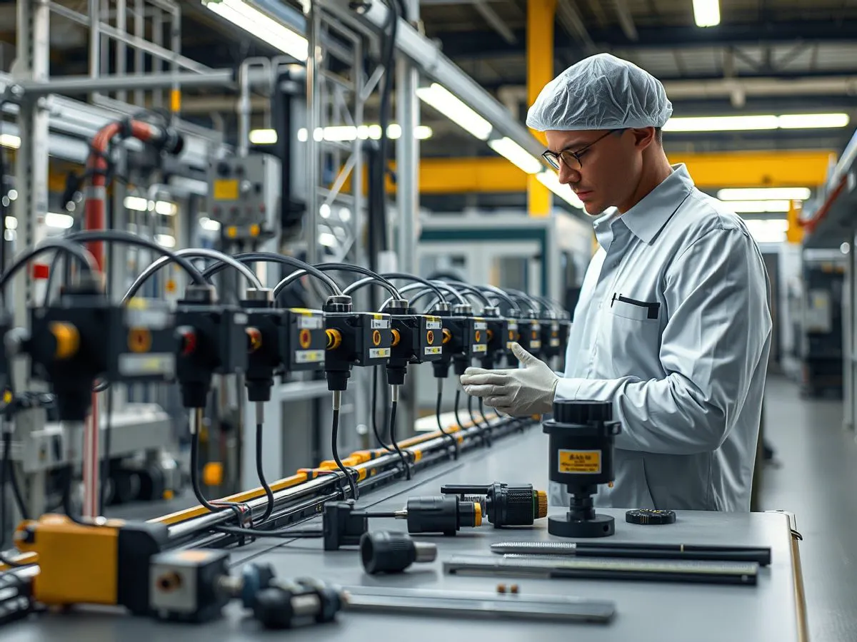 技术人员在自动化产线旁检查光电传感器